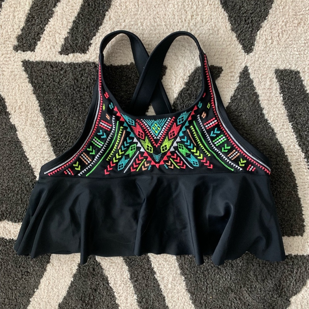 Black embroidered flounce swim top - Medium
